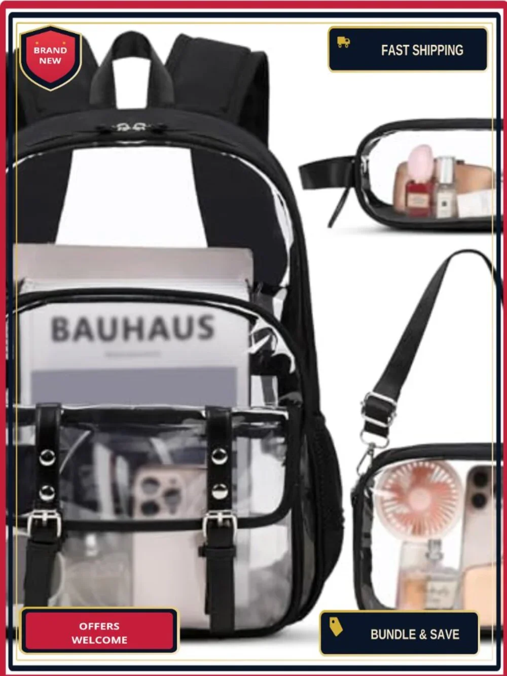 3 Piece Clear Backpack Set Heavy Duty Transparent Bookbag for School College
